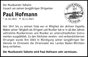 Traueranzeige von Paul Hofmann von GESAMT