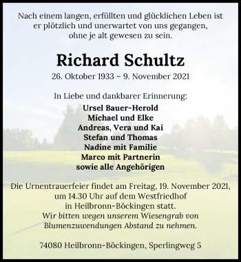 Traueranzeige von Richard Schultz von GESAMT