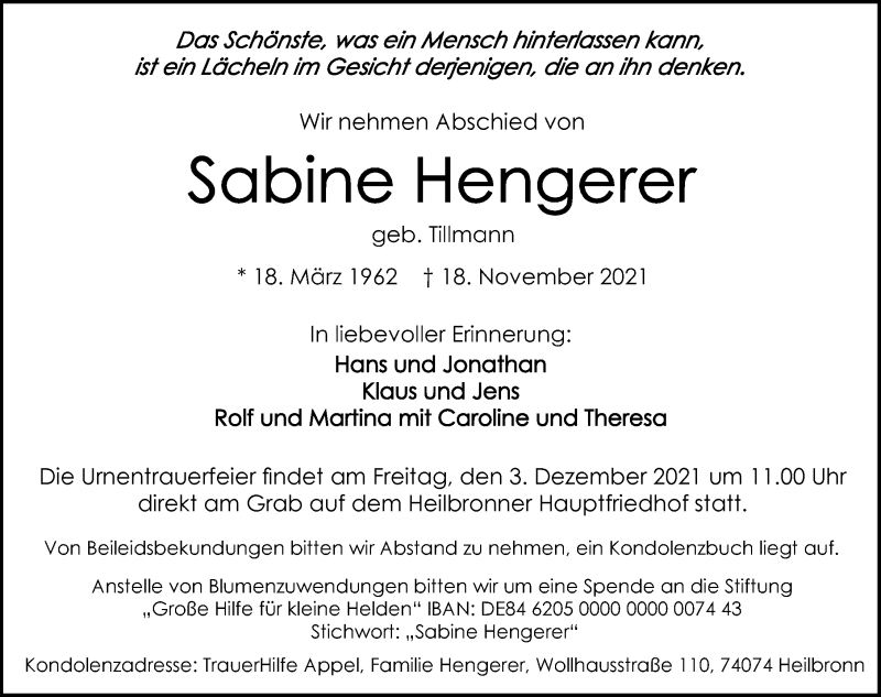  Traueranzeige für Sabine Hengerer vom 27.11.2021 aus GESAMT