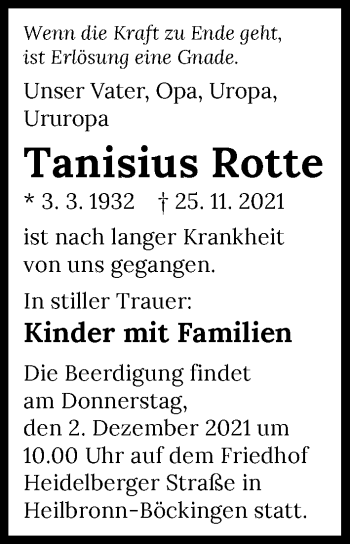 Traueranzeige von Tanisius Rotte von GESAMT