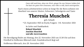 Traueranzeige von Theresia Muschek von GESAMT