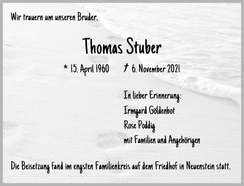  Traueranzeige für Thomas Stuber vom 24.11.2021 aus GESAMT