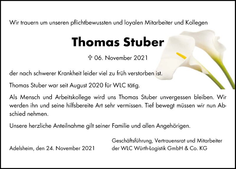  Traueranzeige für Thomas Stuber vom 24.11.2021 aus GESAMT