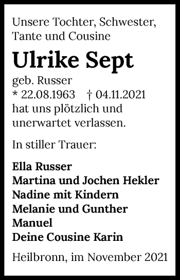 Traueranzeige von Ulrike Sept von GESAMT