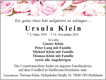 Traueranzeige von Ursula Klein von GESAMT