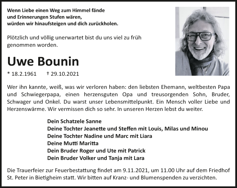  Traueranzeige für Uwe Bounin vom 05.11.2021 aus GESAMT