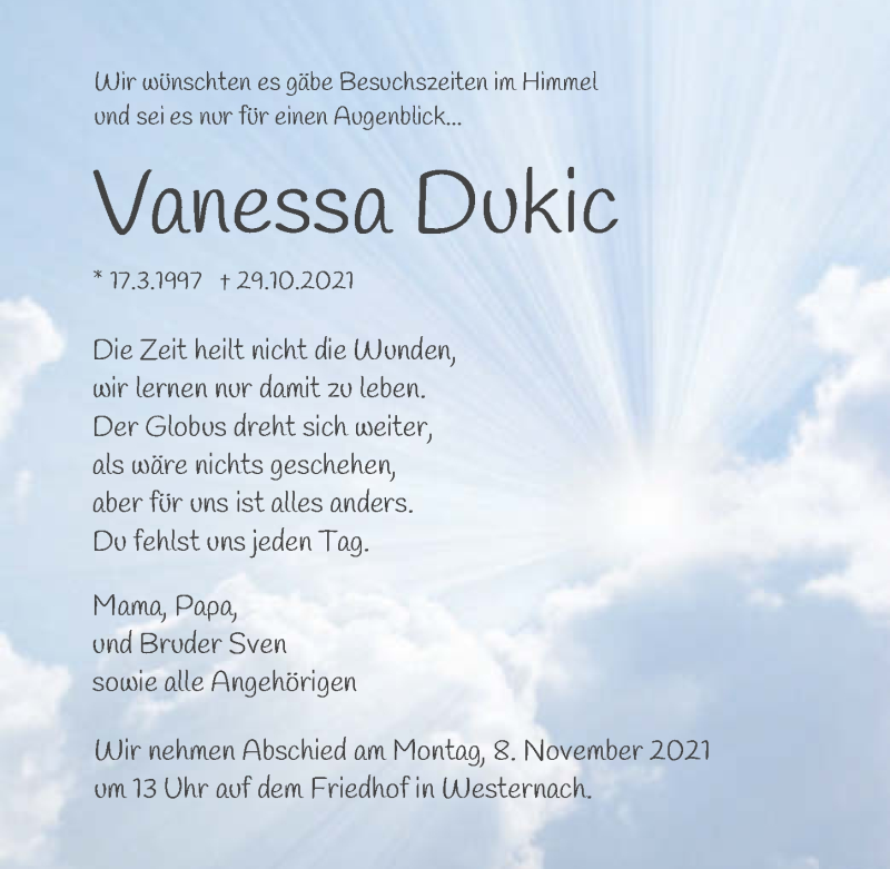  Traueranzeige für Vanessa Dukic vom 04.11.2021 aus GESAMT