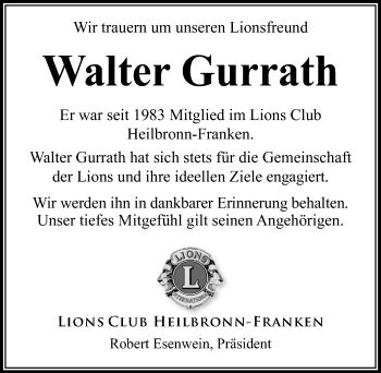 Traueranzeige von Walter Gurrath von GESAMT