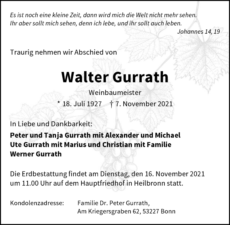  Traueranzeige für Walter Gurrath vom 13.11.2021 aus GESAMT