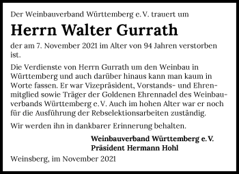 Traueranzeige von Walter Gurrath von GESAMT