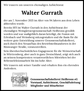 Traueranzeige von Walter Gurrath von GESAMT