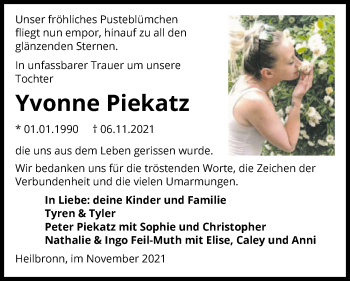 Traueranzeige von Yvonne Piekatz von GESAMT