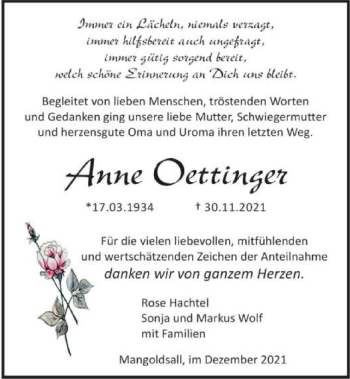 Traueranzeige von Anne Oettinger von GESAMT