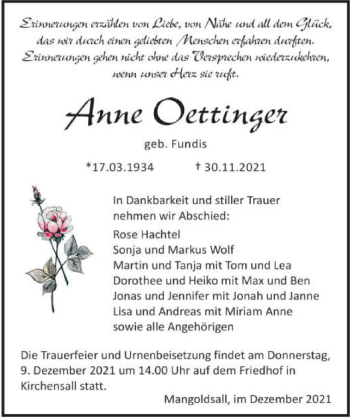 Traueranzeige von Anne Oettinger von GESAMT