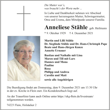 Traueranzeige von Anneliese Stähle von GESAMT