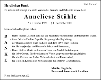 Traueranzeige von Anneliese Stähle von GESAMT