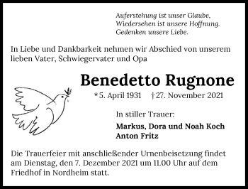 Traueranzeige von Benedetto Rugnone von GESAMT