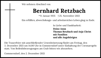 Traueranzeige von Bernhard Retzbach von GESAMT