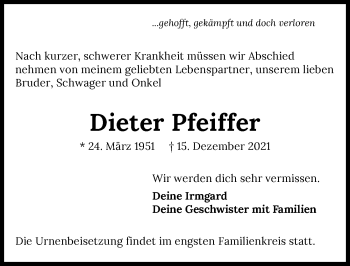 Traueranzeige von Dieter Pfeiffer von GESAMT