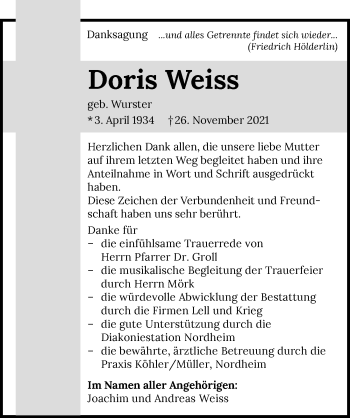 Traueranzeige von Doris Weiss von GESAMT