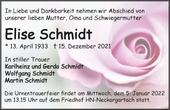 Traueranzeige von Elise Schmidt von GESAMT