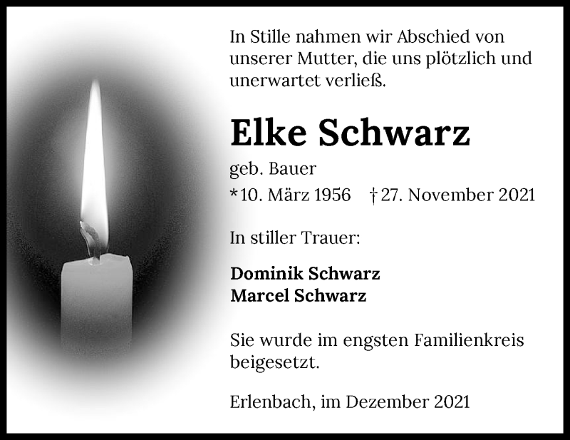  Traueranzeige für Elke Schwarz vom 29.12.2021 aus GESAMT