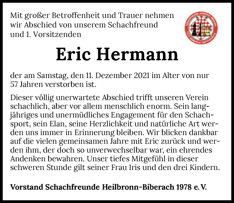  Traueranzeige für Eric Hermann vom 18.12.2021 aus GESAMT