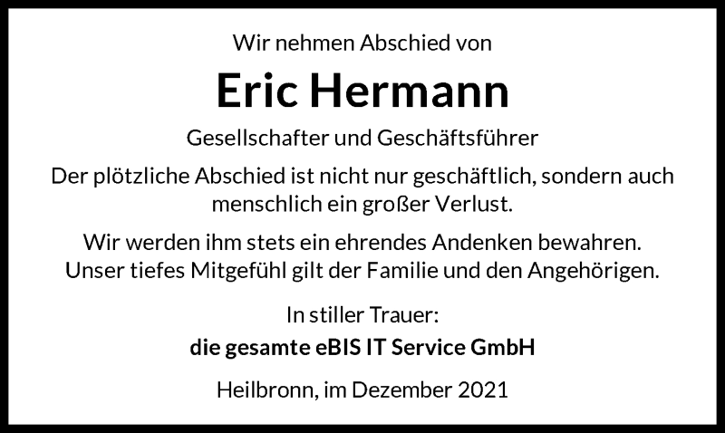  Traueranzeige für Eric Hermann vom 18.12.2021 aus GESAMT