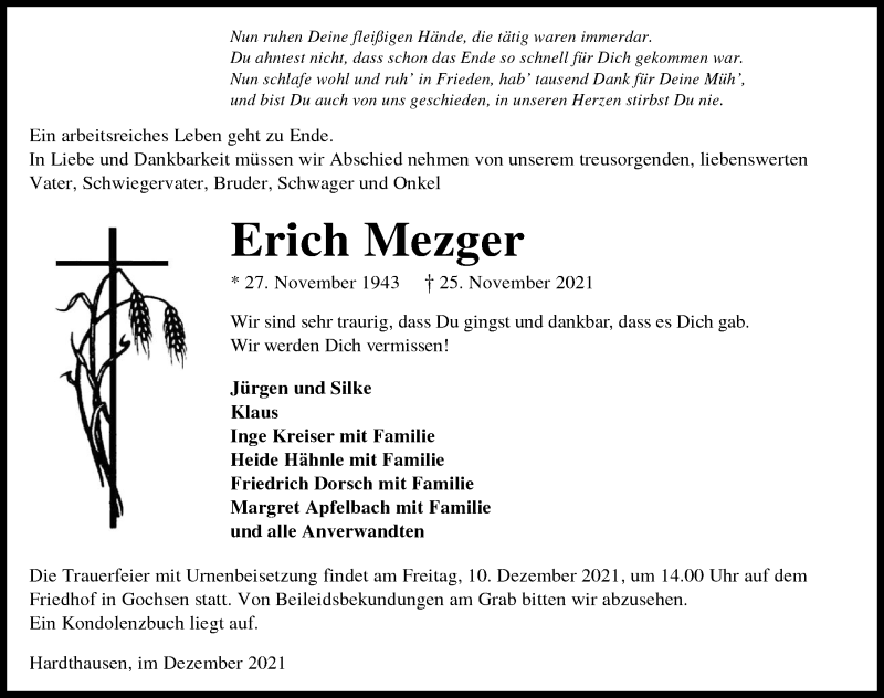  Traueranzeige für Erich Mezger vom 08.12.2021 aus GESAMT