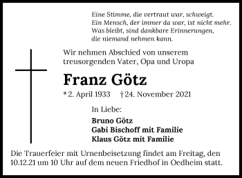 Traueranzeige von Franz Götz von GESAMT