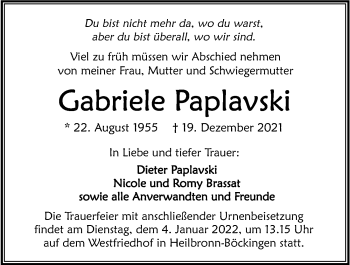 Traueranzeige von Gabriele Paplavski von GESAMT