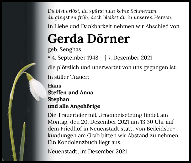  Traueranzeige für Gerda Dörner vom 17.12.2021 aus GESAMT