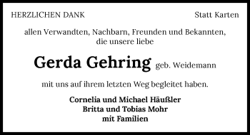 Traueranzeige von Gerda Gehring von GESAMT