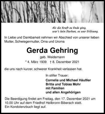 Traueranzeige von Gerda Gehring von GESAMT