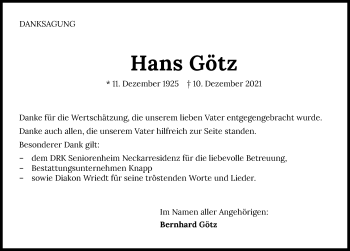 Traueranzeige von Hans Götz von GESAMT