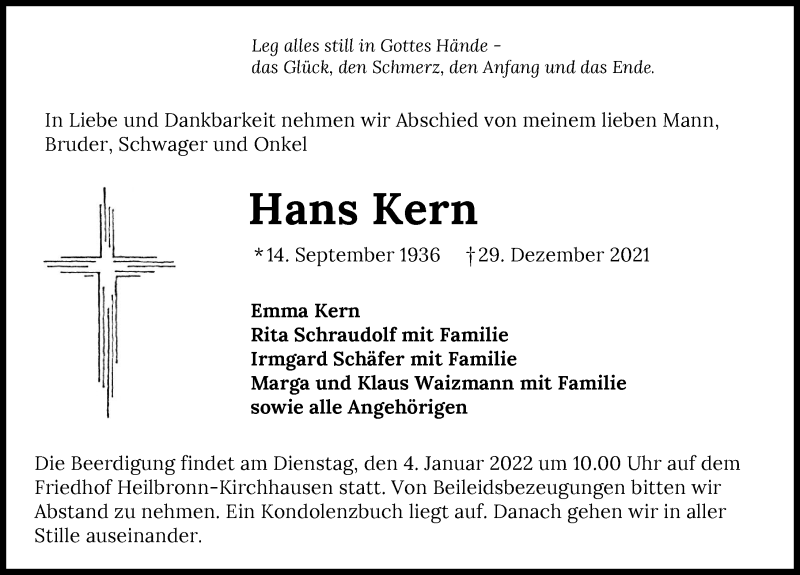  Traueranzeige für Hans Kern vom 30.12.2021 aus GESAMT