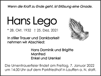 Traueranzeige von Hans Lego von GESAMT