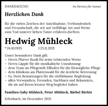 Traueranzeige von Hedwig Mühleck von GESAMT