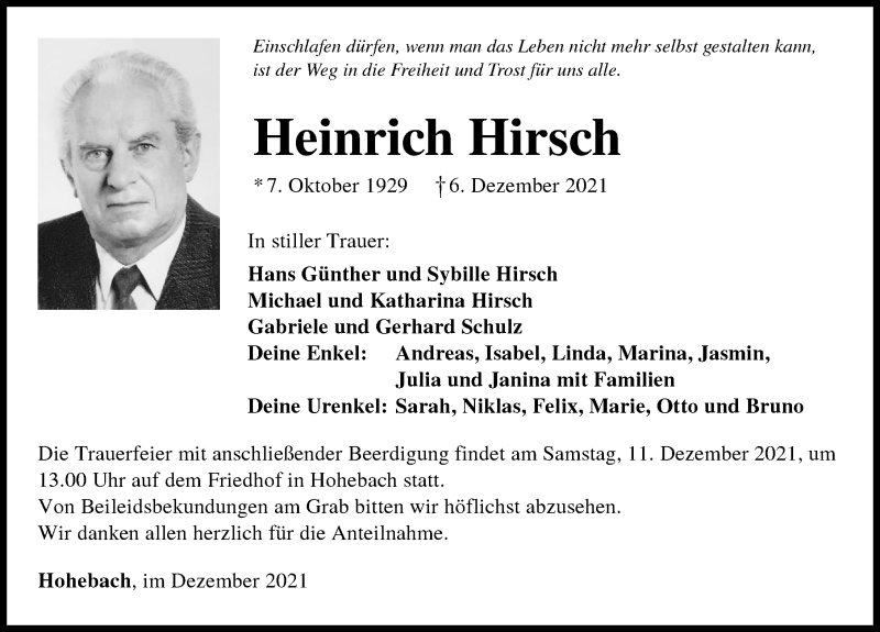  Traueranzeige für Heinrich Hirsch vom 08.12.2021 aus GESAMT