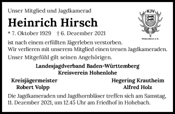 Traueranzeige von Heinrich Hirsch von GESAMT