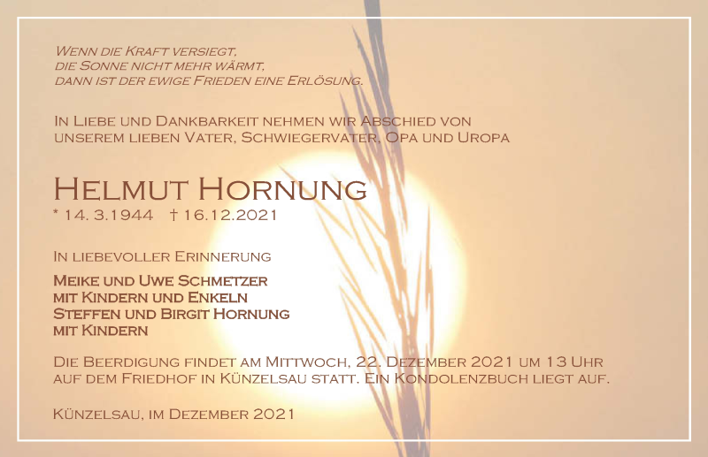 Traueranzeige für Helmut Hornung vom 18.12.2021 aus GESAMT