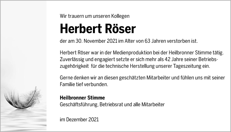  Traueranzeige für Herbert Röser vom 18.12.2021 aus GESAMT