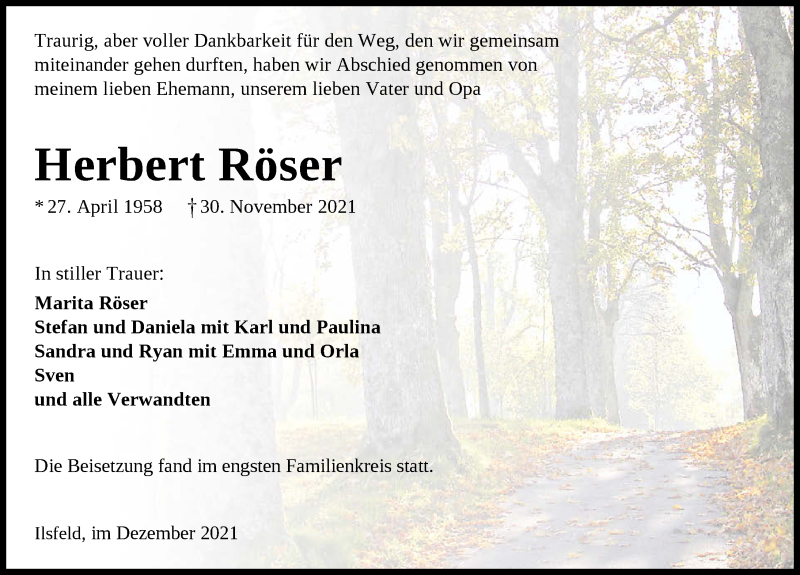  Traueranzeige für Herbert Röser vom 18.12.2021 aus GESAMT