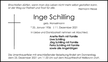 Traueranzeige von Inge Schilling von GESAMT