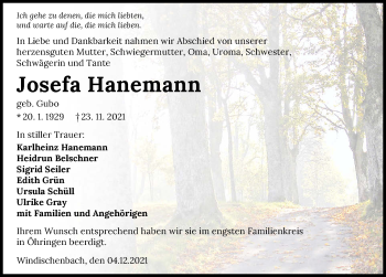 Traueranzeige von Josefa Hanemann von GESAMT