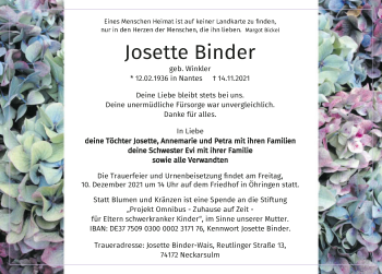 Traueranzeige von Josette Binder von GESAMT