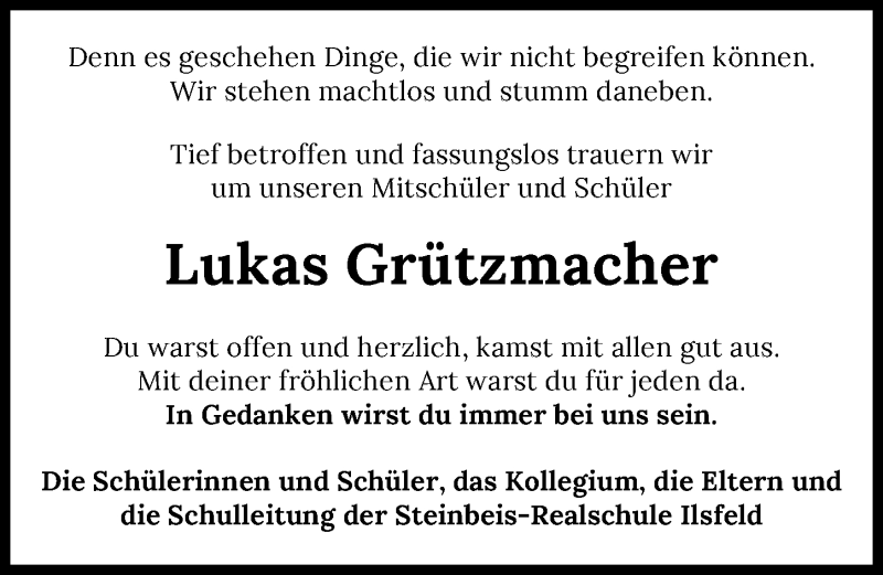  Traueranzeige für Lukas Grützmacher vom 04.12.2021 aus GESAMT
