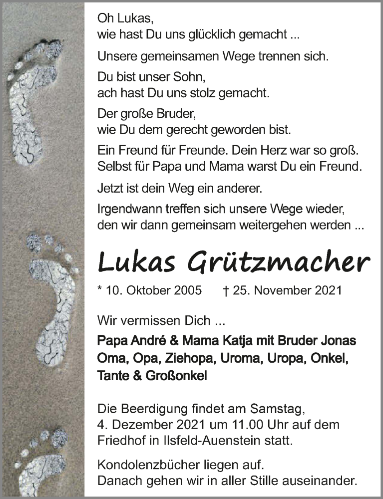  Traueranzeige für Lukas Grützmacher vom 02.12.2021 aus GESAMT
