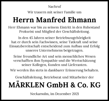 Traueranzeige von Manfred Ehmann von GESAMT