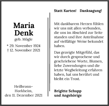 Traueranzeige von Maria Denk von GESAMT